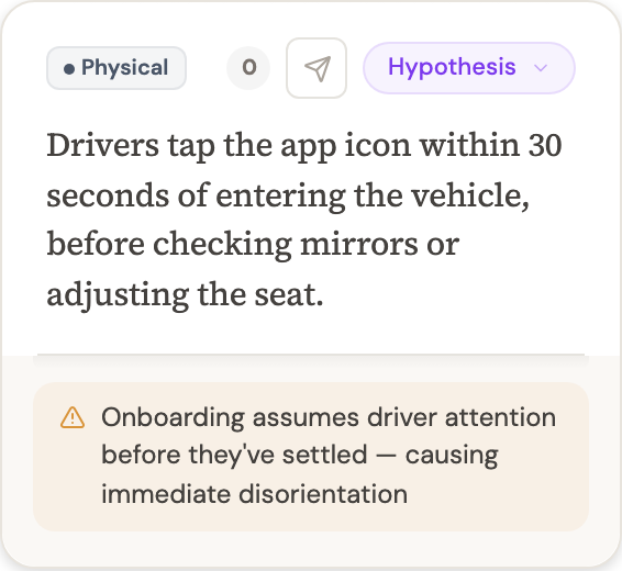 A claim card showing a Physical-pillar hypothesis with epistemic state and an implication callout
