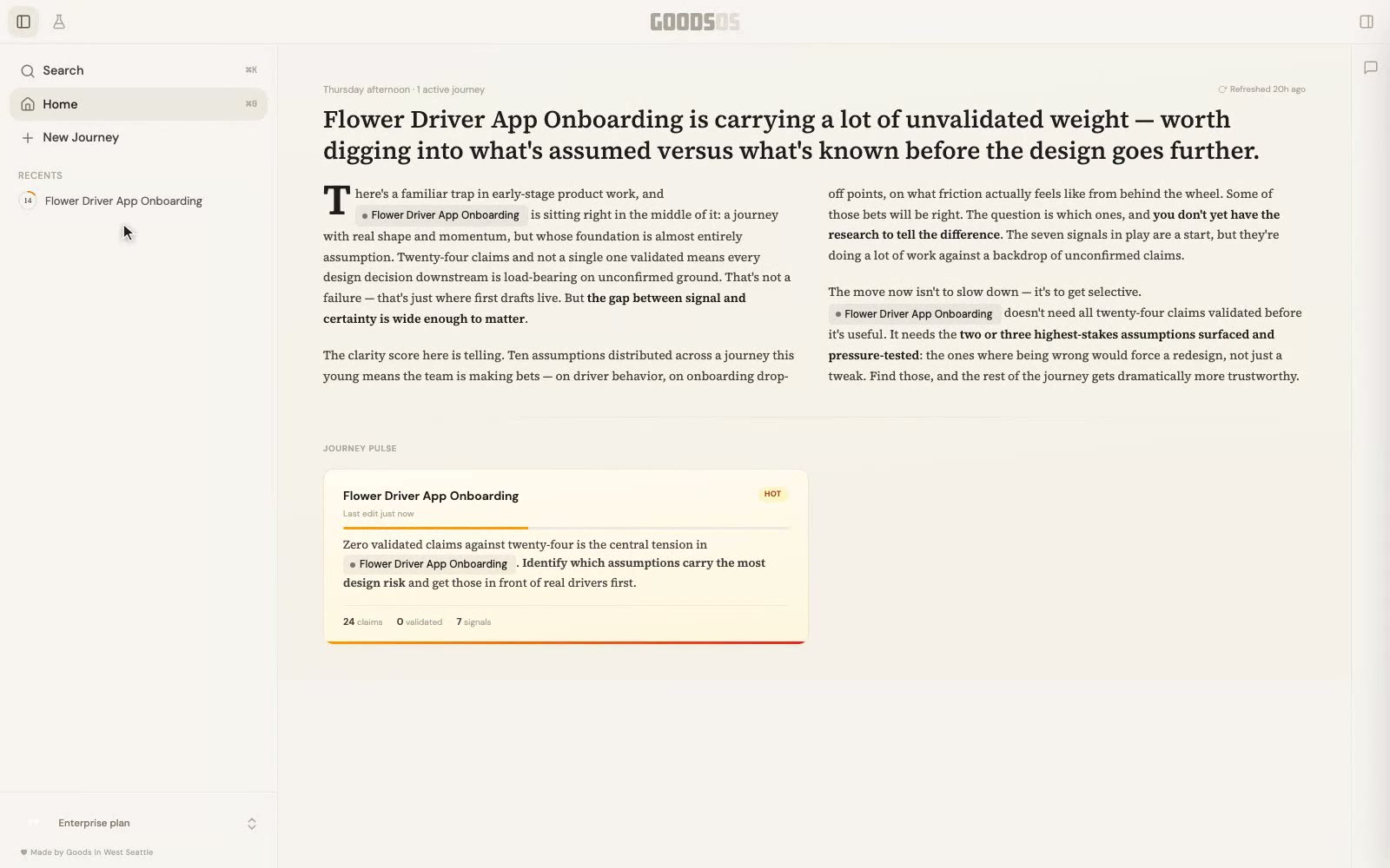 GoodsPHD overview — claim cards with epistemic state badges and a P-to-D seam annotation